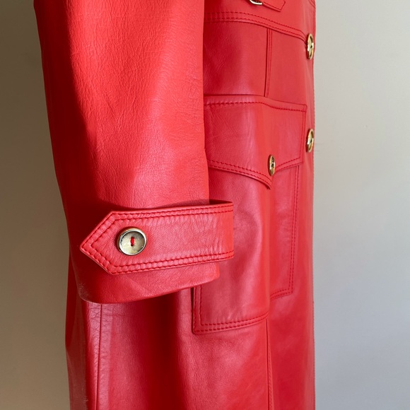 Leda Spain by Gropper Tangerine Leather Trench Coat with Gold Tone Accents - Picture 10 of 16
